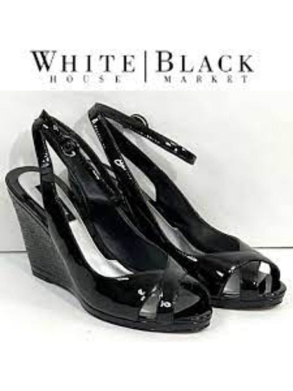 White House Black Market Wedge Karen Black Patent Leather Sandals Size 6.5m